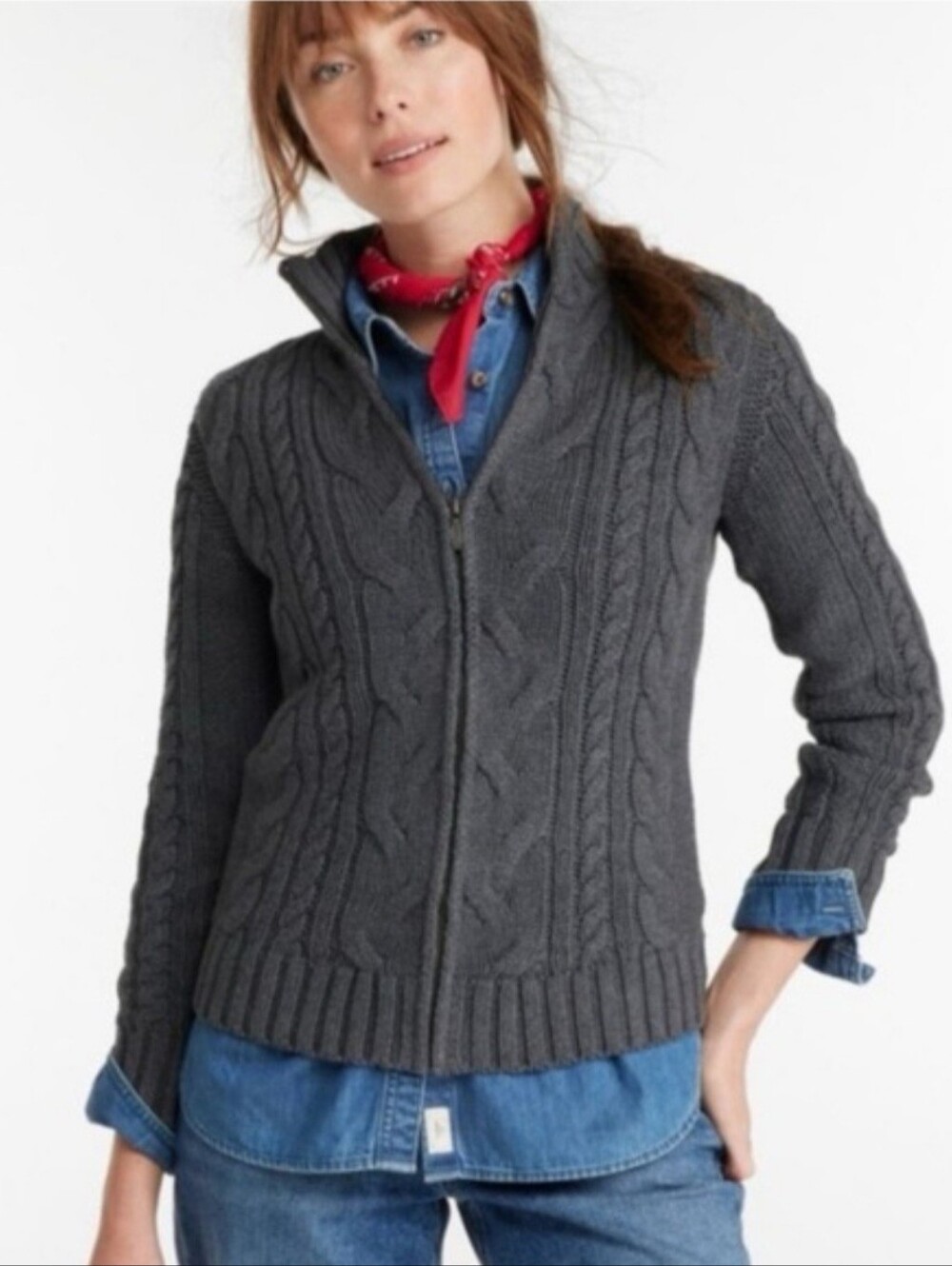 L.L. Bean Women's Cable-Knit Zip Cotton  Cardigan - Dark Navy